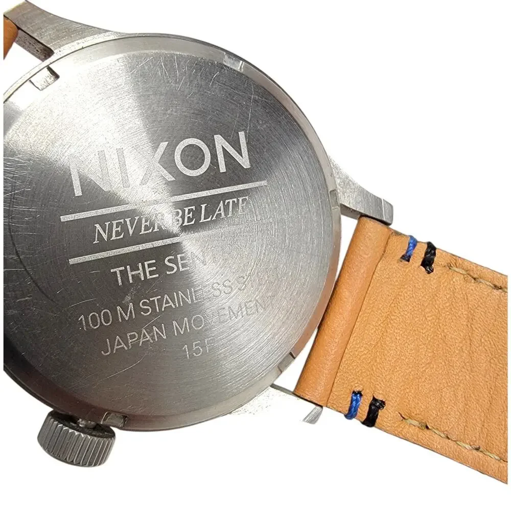 Nixon The Sentry Watch Mens Stainless Steel Leather Band Day Date Black Dial